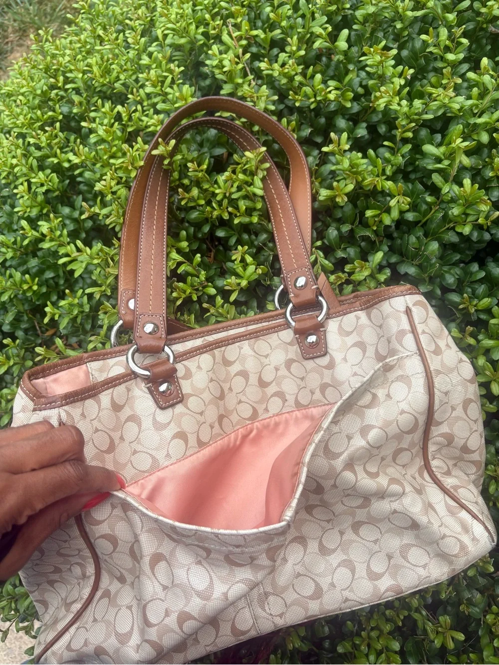Coach Beige Signature Canvas Shoulder Bag with Brown Trim